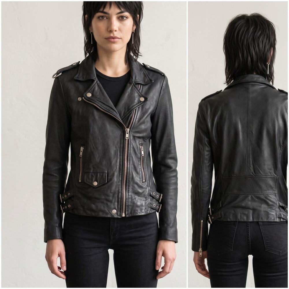 OAK NYC Women's Leather Moto Rider Jacket in black size Large